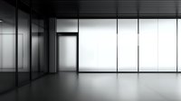 Empty modern office space with glass walls and natural light creating minimalist architectural interior. Clean lines and reflective floor add depth.