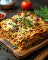 Traditional layered lasagna with meat sauce and melted cheese on wooden cutting board, garnished with fresh herbs and tomatoes in dark rustic setting.