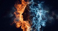 Fire and ice elements clash in dramatic contrast against dark cosmic background creating powerful visual metaphor for opposing forces and duality concepts.