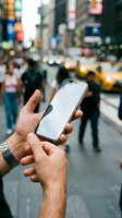Male hands holding smartphone with blank white screen on busy city street with blurred traffic and pedestrians in background for mobile app mockup design.