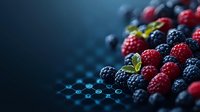 Fresh ripe raspberries and blackberries scattered on dark background with copy space, macro shot showing juicy texture and natural organic berries.