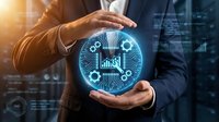 Businessman hands protecting glowing digital technology sphere with circuit patterns and data analytics charts for innovation and cybersecurity concepts.