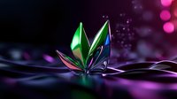 Glowing crystal butterfly shape with green and pink iridescent wings against dark background with bokeh lights and reflective surface. Magical fantasy art.