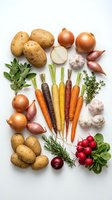 Fresh organic vegetables and herbs arranged on white background including potatoes, carrots, onions, garlic, radishes and aromatic herbs for cooking.