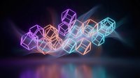 Glowing neon geometric cubes floating in space with colorful light effects on dark background for modern digital design and technology concepts.