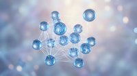 Blue molecular structure with connected spheres on soft bokeh background for scientific research and chemistry education presentations.