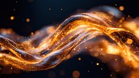 Glowing golden wave with sparkles and light trails on dark background, magical energy flow effect with bokeh particles and luminous motion streaks.