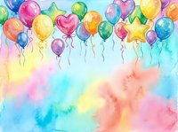 Colorful balloons and stars floating above soft watercolor wash background in pastel tones. Festive celebration design for party invitations, greeting cards, and event marketing materials.