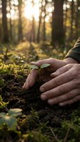 Hands protecting young green plant seedling in forest soil with warm sunlight filtering through trees, symbolizing environmental care and growth.