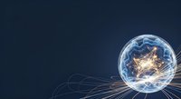 Global network connection sphere with glowing golden light paths on dark blue background. Represents worldwide digital communication, data transfer, and interconnected technology systems.