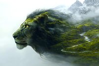Double exposure of majestic lion head merged with misty mountain landscape, winding river and moss-covered slopes creating ethereal nature fusion artwork.