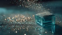 Elegant turquoise glass perfume bottle surrounded by golden glitter particles on dark reflective surface. Luxury cosmetic product photography.