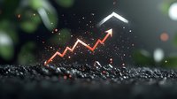 Glowing red arrow graph trending upward with house icon, symbolizing rising real estate market or property value growth on dark textured surface.