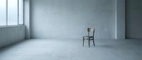 Minimalist interior with single wooden chair in empty concrete room with large windows and natural light for architectural and design projects.