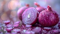 Fresh red onion slices with water drops on dark background, macro photography with soft bokeh lights and vibrant purple tones, food composition.