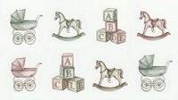 Vintage baby toys collection with rocking horses, alphabet blocks and prams in soft pastel colors on white background isolated for nursery design.