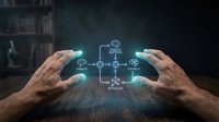 Business professional hands protecting digital network diagram with glowing connections on wooden desk in modern office environment.