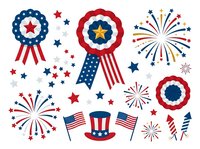 Patriotic award ribbons, fireworks, and flags isolated on white background for Independence Day celebrations, Fourth of July designs, and festive event graphics.