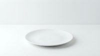 Empty white ceramic plate on clean background for food photography and kitchen design projects.