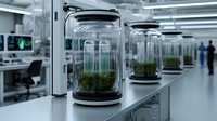 Glass jars with plant samples in modern laboratory setting, scientific research environment with controlled growing conditions and monitoring equipment in sterile workspace.
