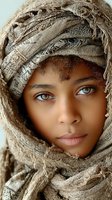 Young mixed-race woman with striking green eyes wrapped in weathered beige fabric headscarf, mysterious portrait with natural lighting and earthy tones.