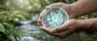 Hands holding a glowing green globe with water drops, leaves, and earth symbols, representing ecology, sustainability, and environmental conservation.