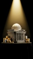 Classical bank building with golden coins under dramatic spotlight representing financial institution wealth and monetary success for business concepts.