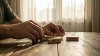 Male hands arranging wooden blocks spelling STORIES on rustic table near window with soft natural light for creative writing and storytelling concepts.