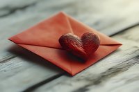 Red paper heart on matching envelope placed on rustic wooden surface, romantic message concept for valentines day or love letter correspondence.