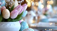 Easter festive table setting with pink tulips in white ceramic vase and decorated eggs in pastel colors, soft bokeh lights creating magical holiday atmosphere.