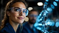 Young mixed race female scientist in safety glasses smiling while examining holographic molecular structure display in dark laboratory with blue technology lights.