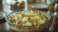 Creamy potato gratin with golden cheese crust in glass baking dish, close-up view showing layers of tender slices and bubbling sauce. Perfect for recipe blogs.