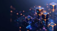 Glowing digital cubes with network connections on dark background, futuristic blockchain technology concept with orange and blue light effects.