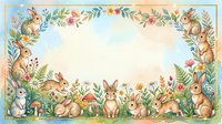 Cute rabbits and bunnies surrounded by spring flowers, plants, and foliage arranged in a decorative border frame on isolated background, suitable for greeting cards, invitations, and children's designs.