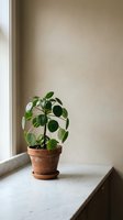 Small green houseplant in terracotta pot on marble windowsill with natural light and neutral beige wall background for home decor and interior design.