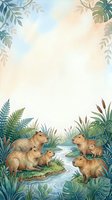 Capybara family gathering by tropical stream with lush jungle foliage frame and soft watercolor background for nature designs.