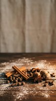 Cinnamon sticks, star anise, allspice berries and nutmeg scattered on wooden surface with powdered sugar for baking and cooking projects.