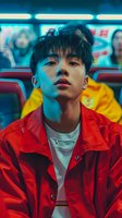Young Asian male in red jacket illuminated by neon blue lighting sits in cinema or theater, creating dramatic contrast between warm and cool tones. Modern urban portrait.