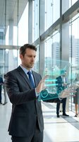 Caucasian male businessman in dark suit and blue tie interacting with holographic data visualization displaying financial charts and analytics in modern glass office building with city skyline view.