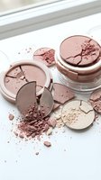 Broken makeup powder compacts in pink and nude shades scattered on white surface with crumbs and fragments for beauty and cosmetics concepts.
