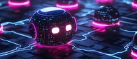 Glowing spherical robot with pink neon lights rests on circuit board surface in dark futuristic environment, creating cyberpunk atmosphere for tech concepts.