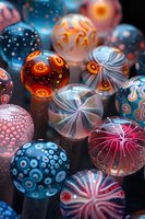 Colorful glass spheres with intricate patterns and designs glowing against dark background, featuring blue, pink, orange and silver swirls and dots in magical arrangement.