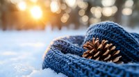 Cozy winter scene with pine cone on blue knitted wool scarf against snowy background and golden sunlight creating magical bokeh effect. Perfect for seasonal designs.