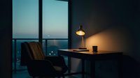 Modern workspace with desk, chair, and lamp overlooking city skyline at dusk, suitable for business, productivity, and interior design projects.
