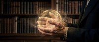 Elderly man's weathered hands clasped together in contemplation against classic library bookshelf background, conveying wisdom and scholarly reflection.