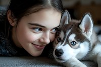 Young woman with dark hair cuddling adorable husky puppy with blue eyes, showing bond between pet owner and dog for lifestyle and companionship concepts.