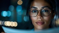 Young Asian businesswoman wearing glasses working late at night with computer screen reflection on face against blurred city lights background.