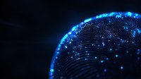 Glowing blue digital sphere made of dots and lines against dark background creates futuristic network visualization for technology concepts.