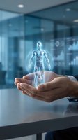 Hands holding glowing holographic human anatomy model in modern office environment, representing healthcare innovation, medical technology, and digital wellness solutions for business presentations.