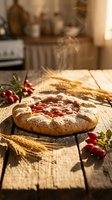 Freshly baked cherry galette with golden crust on rustic wooden table, steaming hot with wheat stalks and fresh berries in warm kitchen setting.